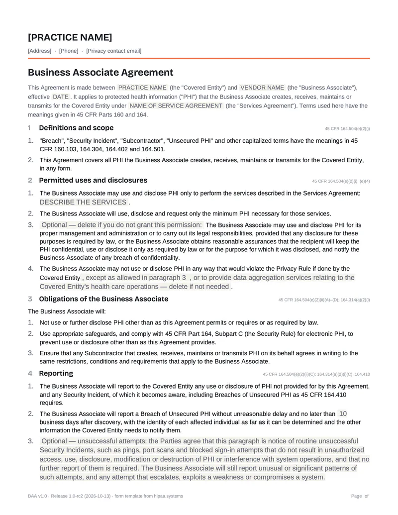 Page 1 preview of the business associate agreement: parties, scope, permitted uses, the vendor's obligations and reporting.
