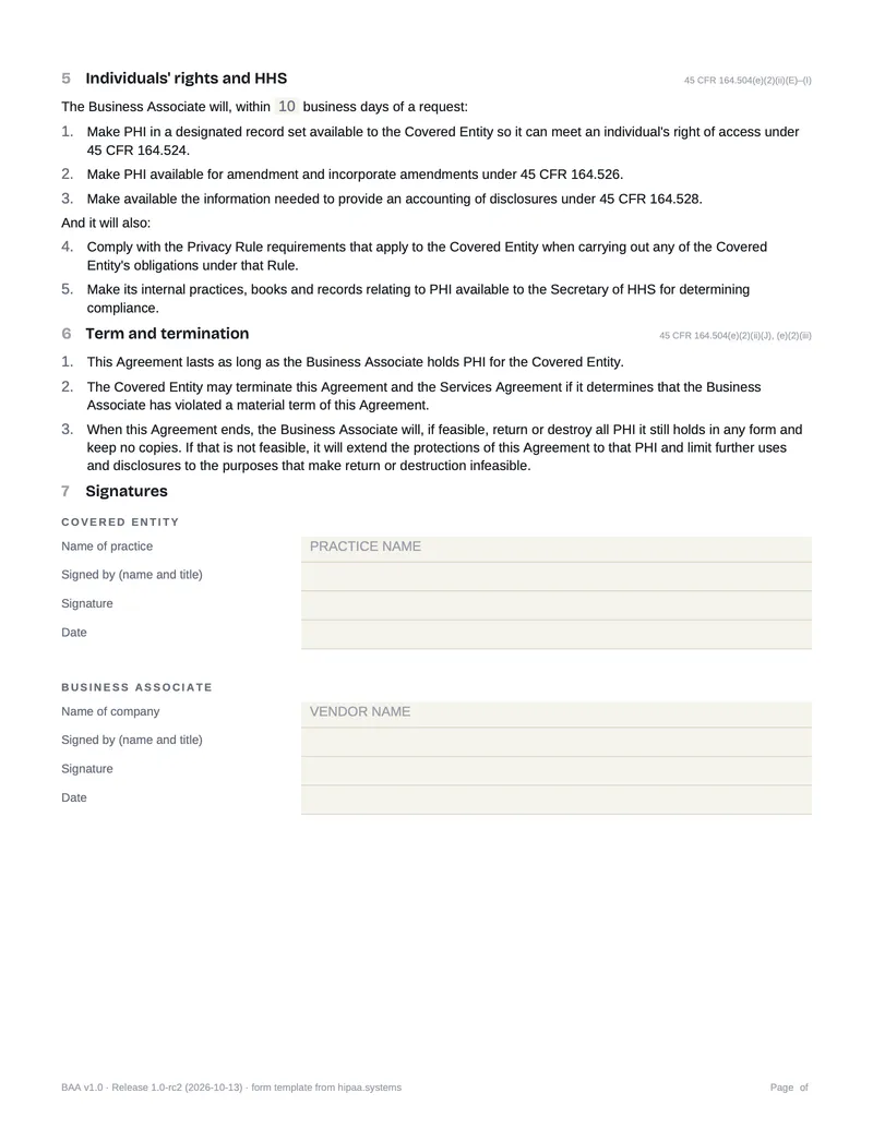Page 2 preview: patients' rights and HHS access, term and termination, and signature blocks.