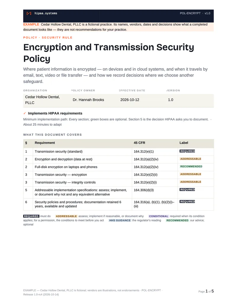 First page of the example encryption policy for Cedar Hollow Dental, with the requirements it covers and their labels.