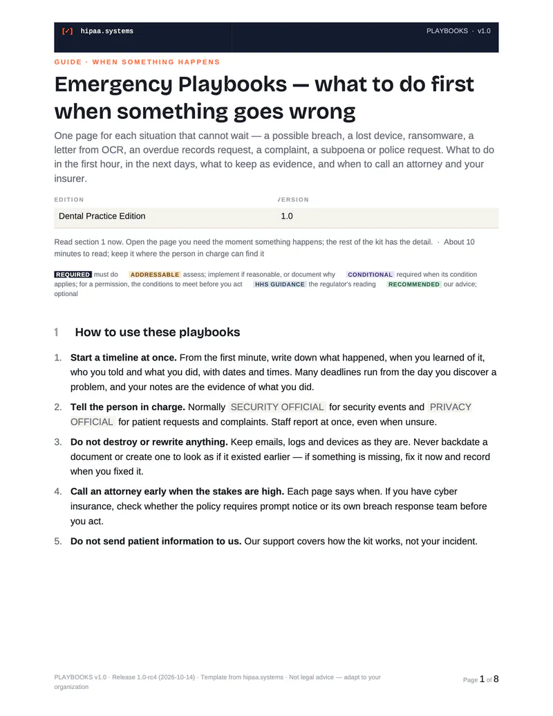 First page of the Emergency Playbooks with the first steps when something goes wrong.