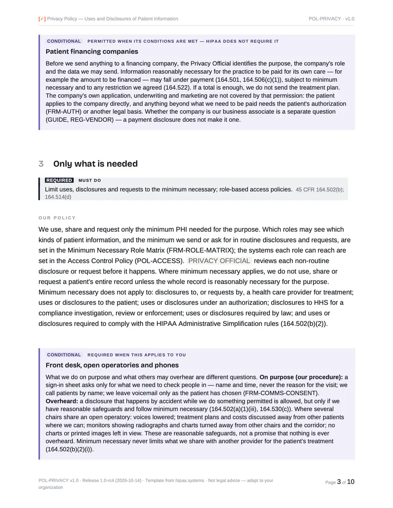 A page of the Privacy Policy: a box on patient financing companies, the minimum necessary requirement, and a box on the front desk, open operatories and phones.