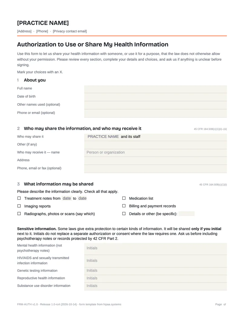 Page 1 preview of the dental records release form: patient, who shares and receives, and the information to share, including radiographs, photos or scans.