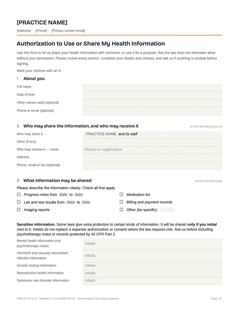 Page 1 preview of the HIPAA release form: patient, recipient and information fields, with initials for sensitive information.