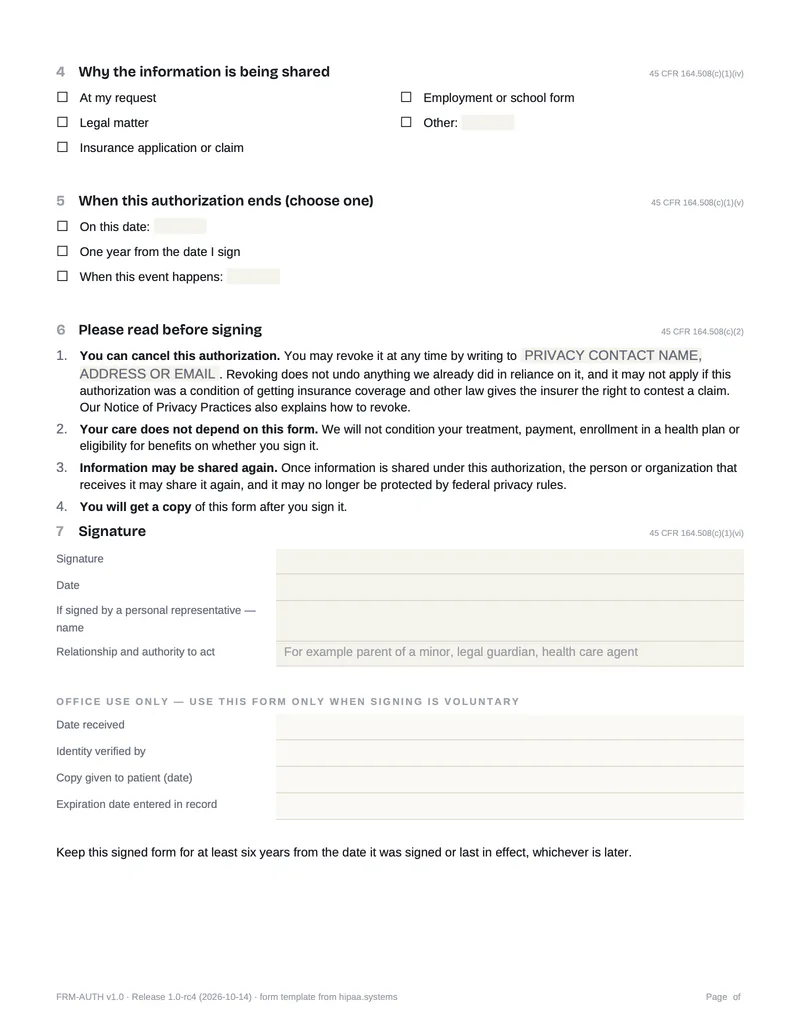 Page 2 preview: purpose, expiration, required statements, signature and office-use fields.