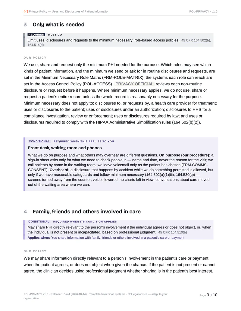 A page of the Privacy Policy: the minimum necessary requirement, our policy, and a box on the front desk, waiting room and phones.