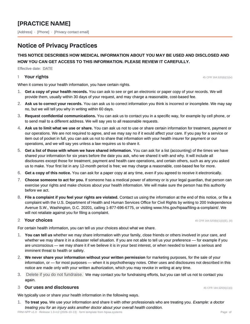 Page 1 preview of the Notice of Privacy Practices: the required header, patients' rights and patients' choices.