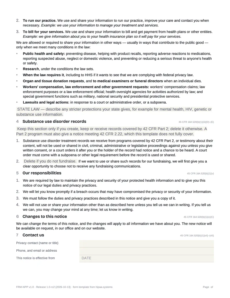 Page 2 preview: uses and disclosures, the conditional Part 2 section and the practice's responsibilities.