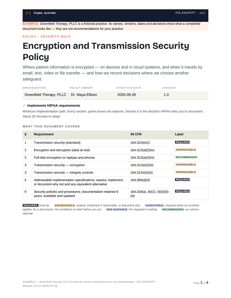 First page of the example encryption policy for Greenfield Therapy, with the requirements it covers and their labels.