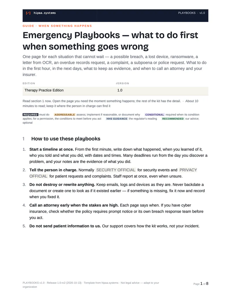 First page of the Emergency Playbooks with the first steps when something goes wrong.