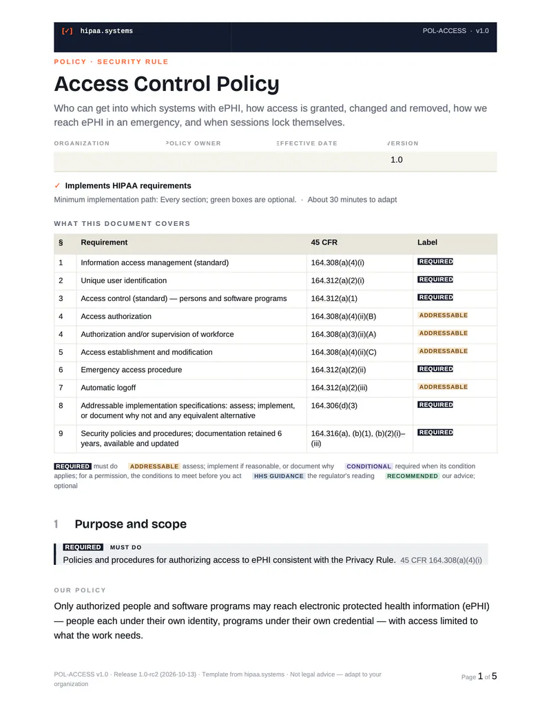 First page of the Access Control Policy with the requirements it covers and their labels.